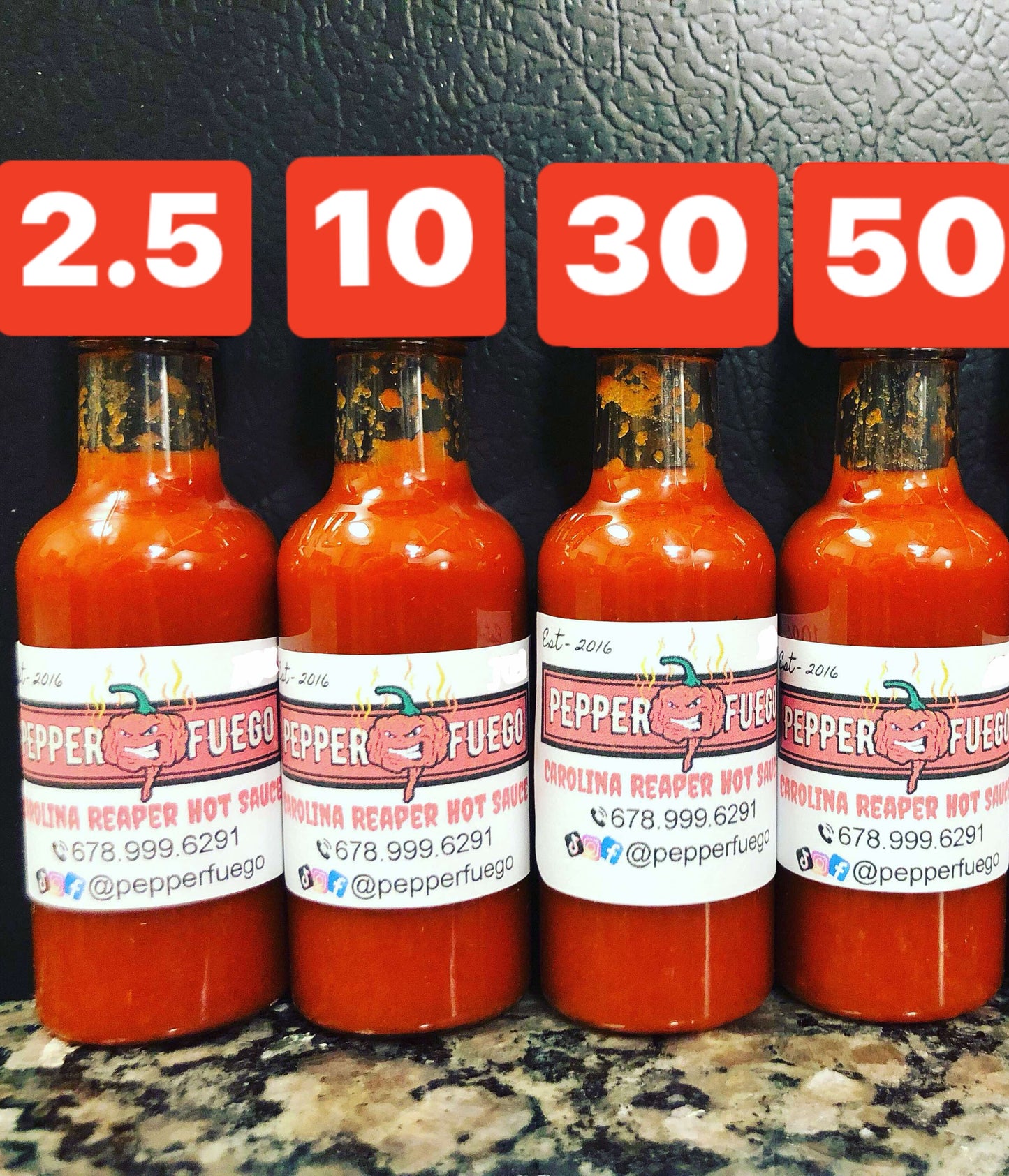 Carolina Reaper Hot Sauce Combo – 2.5%/10%/30%/50% Pure Carolina Reaper